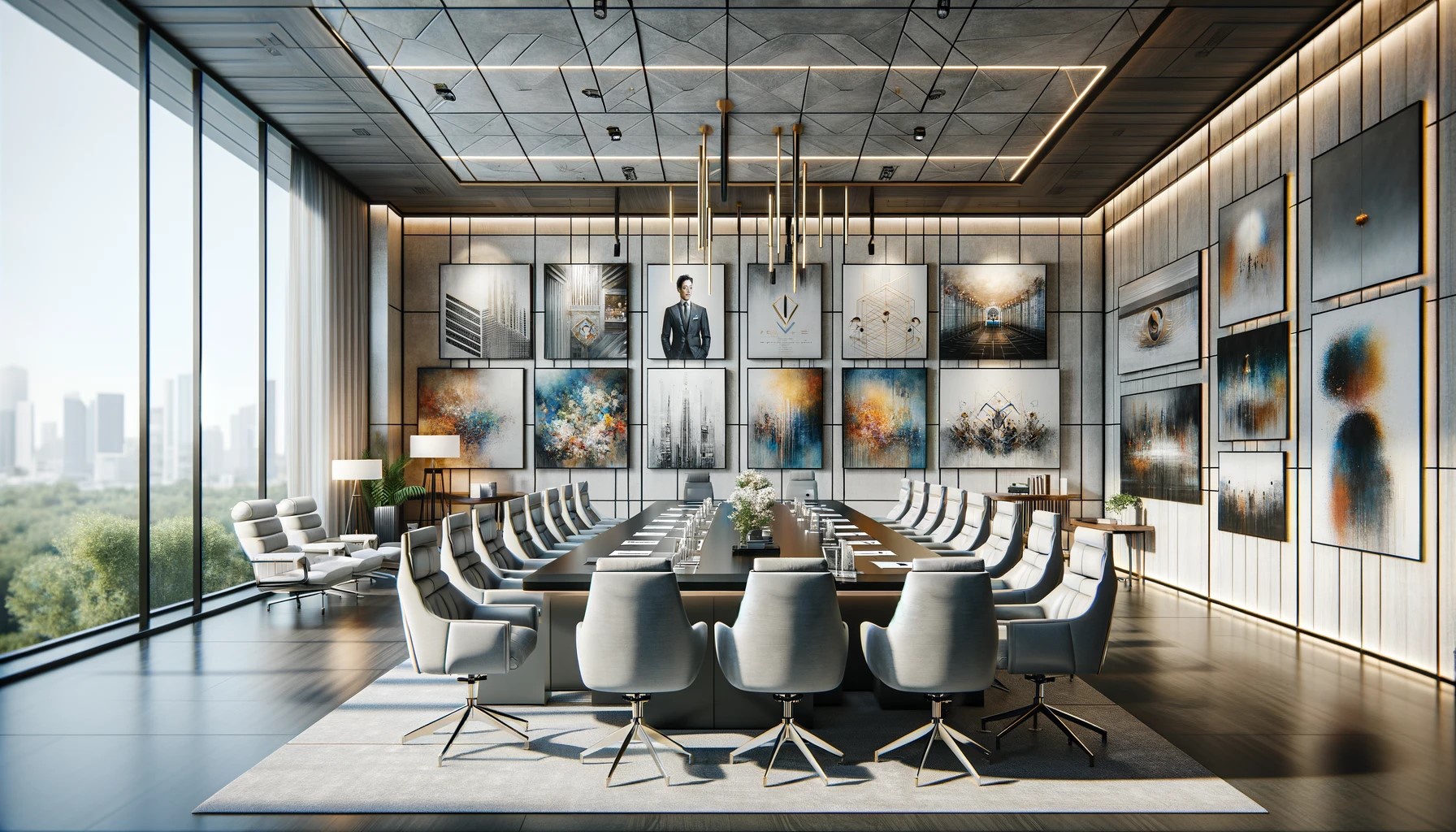 the image showcases a contemporary corporate boardroom, enriched with a diverse range of art pieces that enhance the room's aesthetic and reflect the company's identity and values.